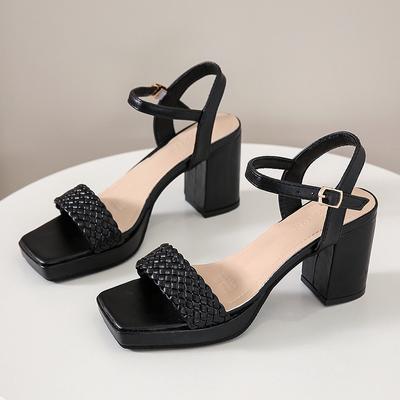 Женские сандалии, женские сандалии из искусственной кожи на квадратном высоком каблуке, новая женская летняя обувь с открытым носком, однотонные мягкие удобные сандалии с пряжкой и ремешком