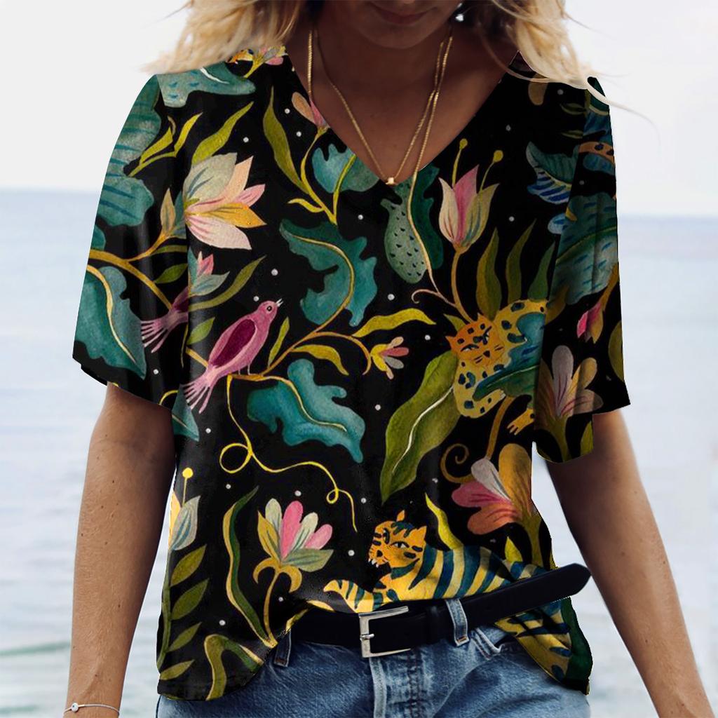 Women XL-7XL Plus Size T Shirt V Neck Short Sleeve Tops 3D Floral Print T Shirts Summer Lovers Couples T Shirt