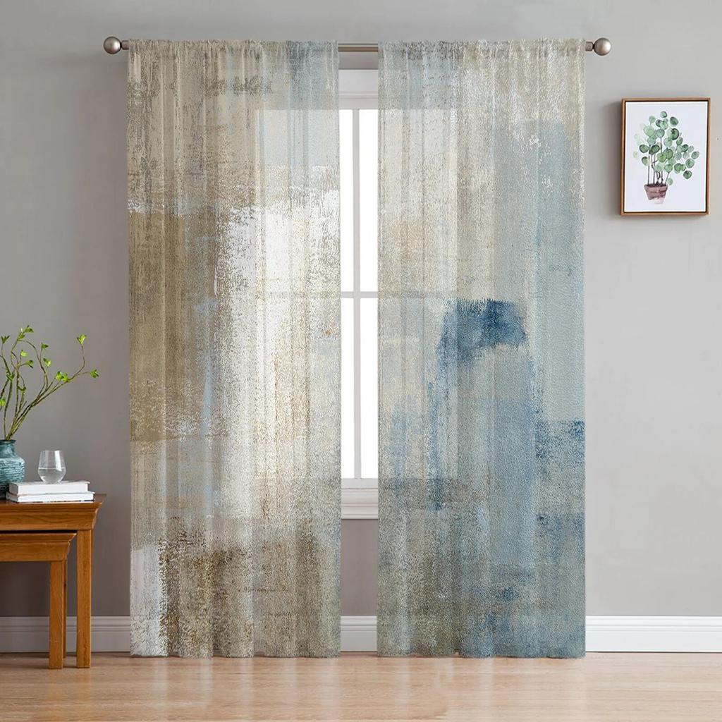 Luxury Tulle Curtains Color Painting Modern Living Room Kitchen Chiffon Curtain Youth Bedroom Sheer Floor Valance Curtain