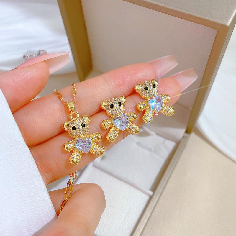 Bear Micro-Inlaid Necklace Earrings Set, Light Luxury Micro-Inlaid Personality Temperament Banquet Earrings, Necklace Combination