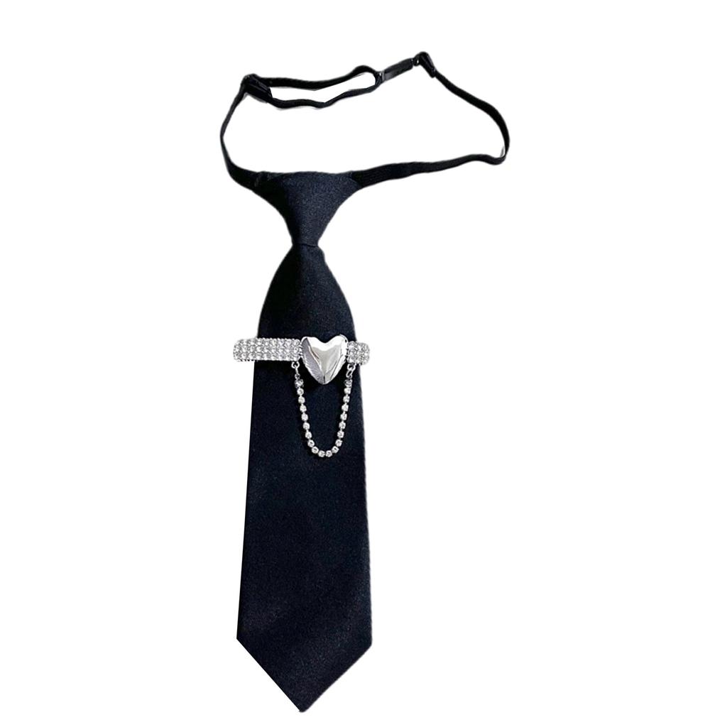 Pre Tied Tie With Metal Heart Rhinestone Design Classic Black Necktie For Business Casual Wear Easy Adjustable Alloy Buckle
