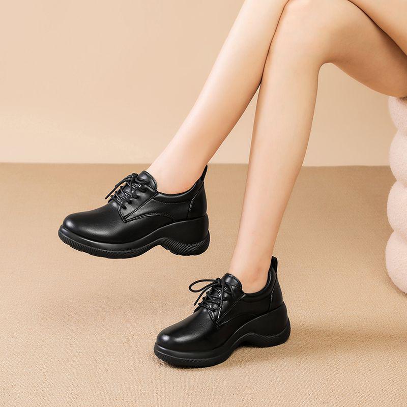 Женские черные кожаные туфли на массивном высоком каблуке - Осенний стиль, Увеличивающие рост, Толстая подошва, Легкие, Износостойкие, Низкий верх