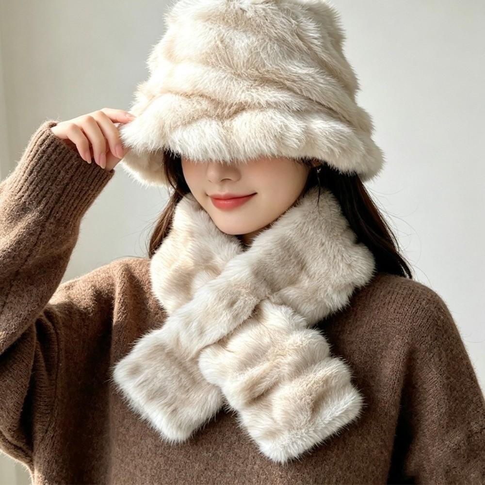Faux Fur Winter Hat Scarf Set Thick Warm Fisherman Hat Scarf Fashion Plush Snood Scarf Women
