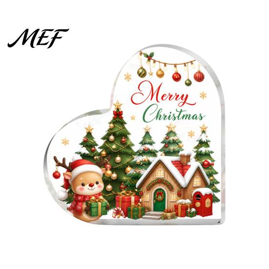 Christmas Table Decorations Heart Shaped Acrylic Tabletop Sign, 2D Winter Snow Scene Desktop Ornament Holiday Window with Santa, Snowman & Xmas House,