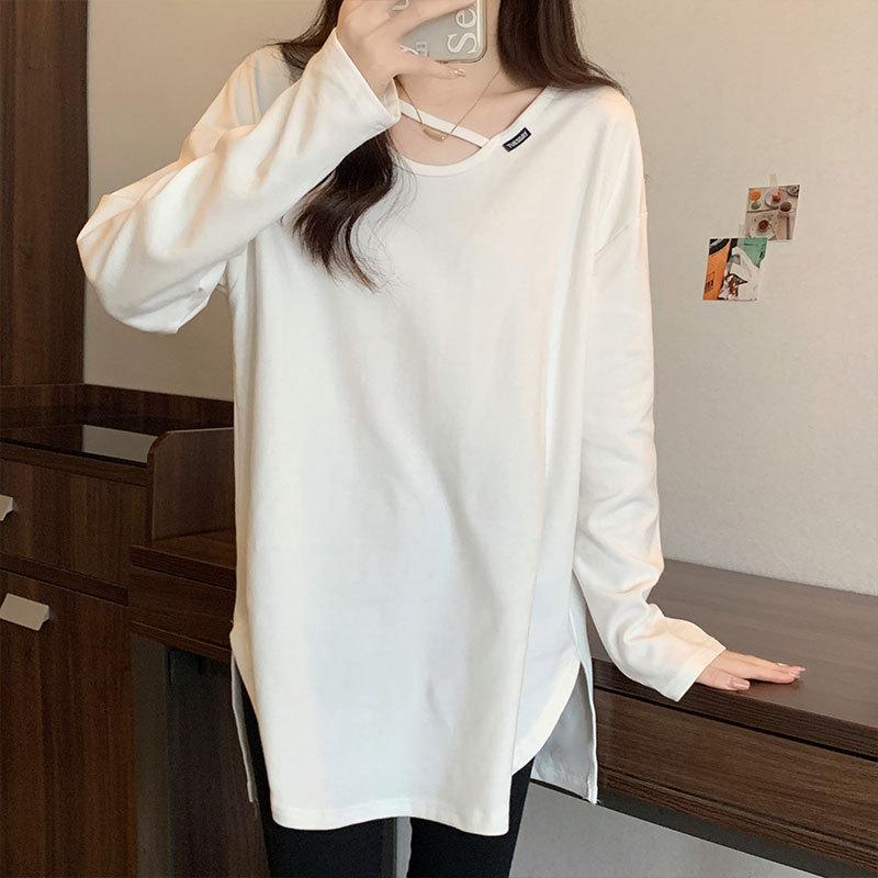 Хлопковая футболка средней длины с v-образным вырезом, женская футболка с длинными рукавами, весна и осень, свободные открытые топы в иностранном стиле