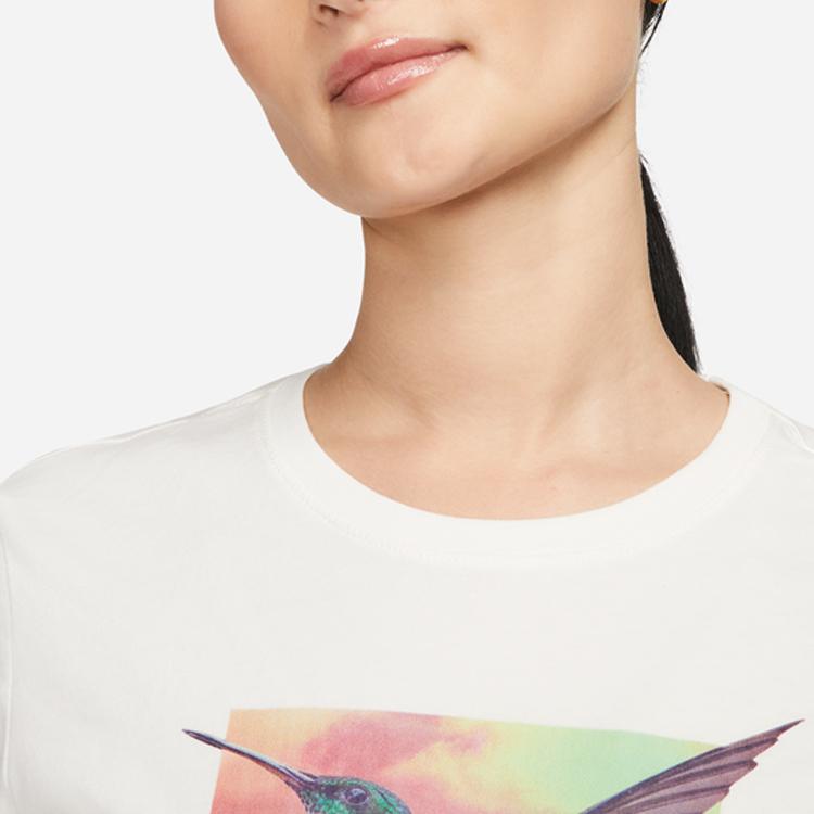 Nike Sportswear Flying Bird Pattern Printed Cotton Casual Soft Comfortable Classic Crew Neck Short Sleeve T-Shirt Women T-Shirts Sail-White FB8096-133