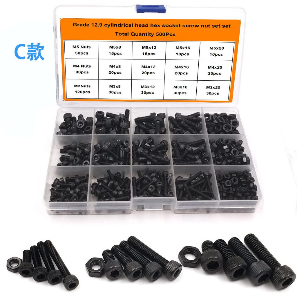 500Pcs High-strength Hexagon Screw Set Cup Head Round Cup Flat Cup with Nut Set M3M4M5 Diversified