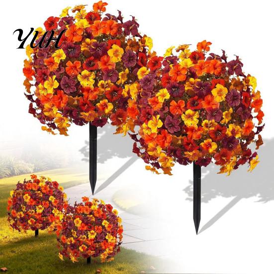 Reusable Plastic Flowers for DIY Crafts Artificial Fall Outdoors, Fake Autumn Topiary Ball, UV Resistant Faux Mums with Ground Home Styling
