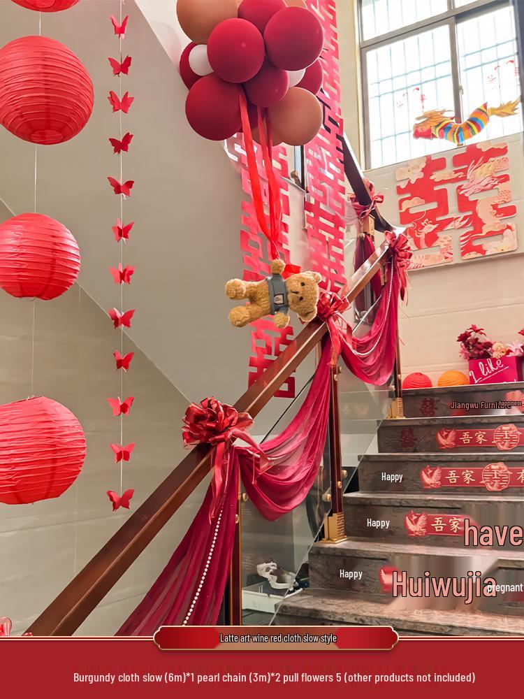 Wedding Stair Handrail Décor: Double Happiness Pull Flowers Set for Boy's and Girl's Side