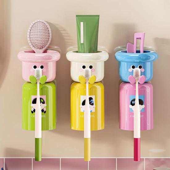 Cartoon Toothbrush Cup Holder Wall Mounted Storage Rack Space Saving Magnetic Upside Down Mouthwash Cups No-Drill Bathroom Organizer