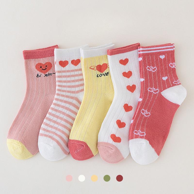 5 пар/лот, детские мягкие носки, носки с цветочным принтом и сердечками для маленьких девочек, осенне-зимние теплые детские носки среднего размера