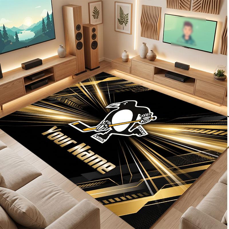 Pittsburgh Penguins Personalized Crystal Velvet Carpet, Customized Name Text Soft Anti‑Slip Rug for Living Room Bedroom