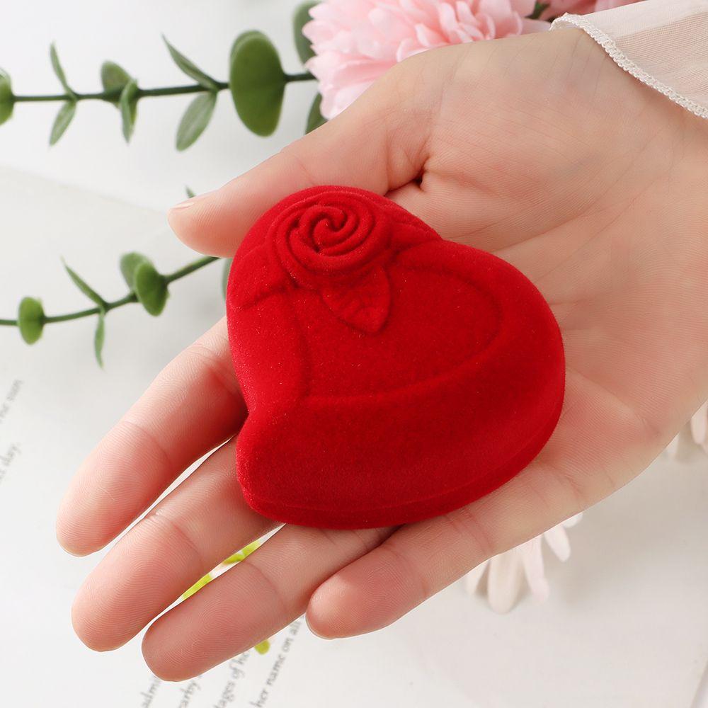 Heart Shape Exquisite Ring Display Box Velvet Jewelry Box Red Rose Double Ring Storage Box