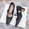 French High Heels Thick Heels Are Not Tired of Feet with Mary Jane Shoes Spring and Autumn Burgundy Square Head Splicing Light Mouth Single Shoes