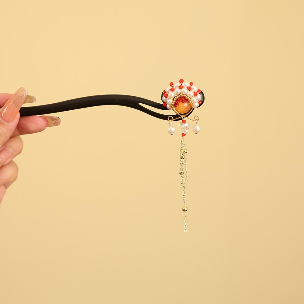 Red New Chinese Style Hair Clip Tassel Hanfu Hairpin Temperament Wooden Hair Stick  Bridal