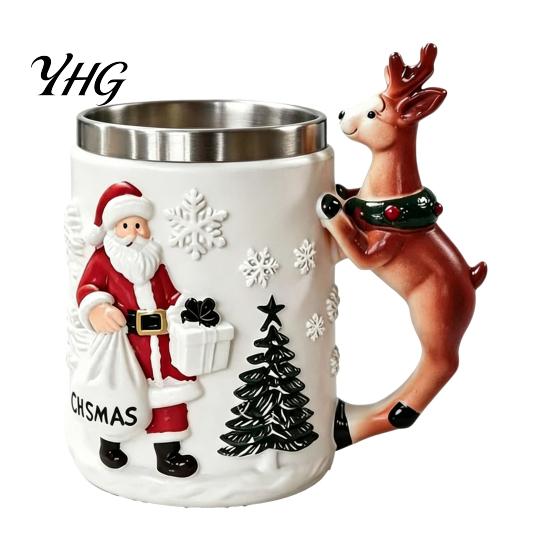 Christmas Stocking Stuffer Santa Claus Coffee Mug with Reindeer Handle, 300ml 3D Winter Party Tableware Embossed Resin Holiday Cup for Hot Cocoa, Home
