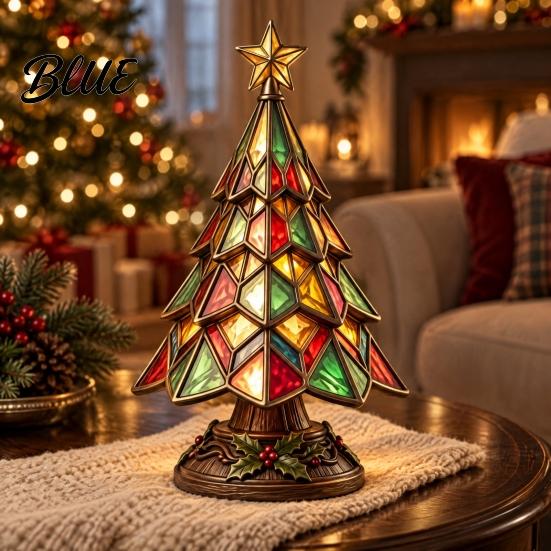 Christmas Fireplace Centerpiece Tree Table Lamp Stained Glass Effect LED Night Light Colorful Housewarming Presents for Home Resin Bedside