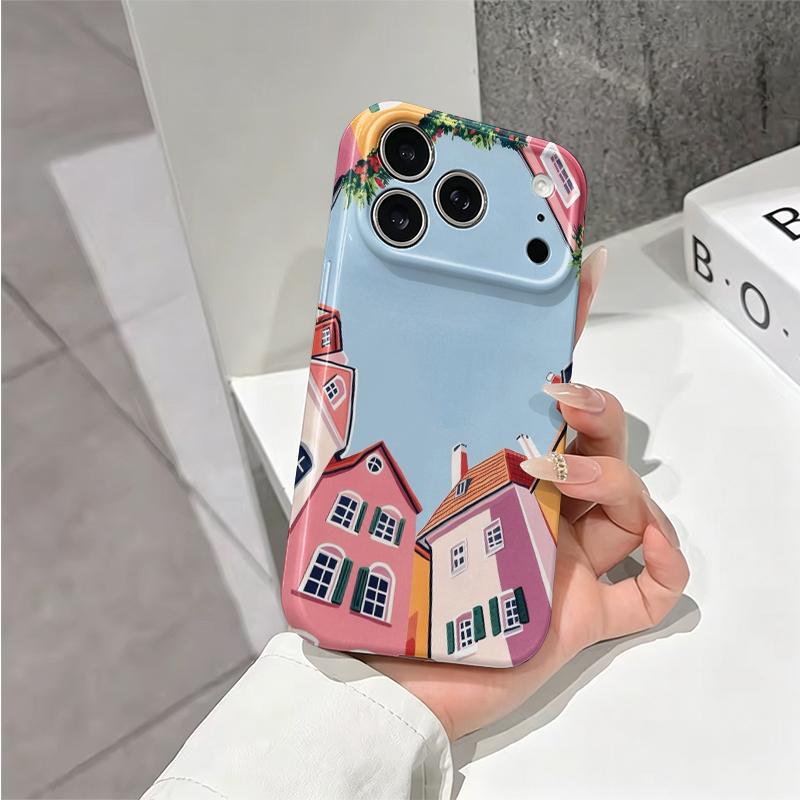 Pastel Colorful Town Landscape Graphic Art Film Aesthetic Protective Shockproof Bumper Phone Case Cover For iPhone 14 15 16 Pro Max Plus