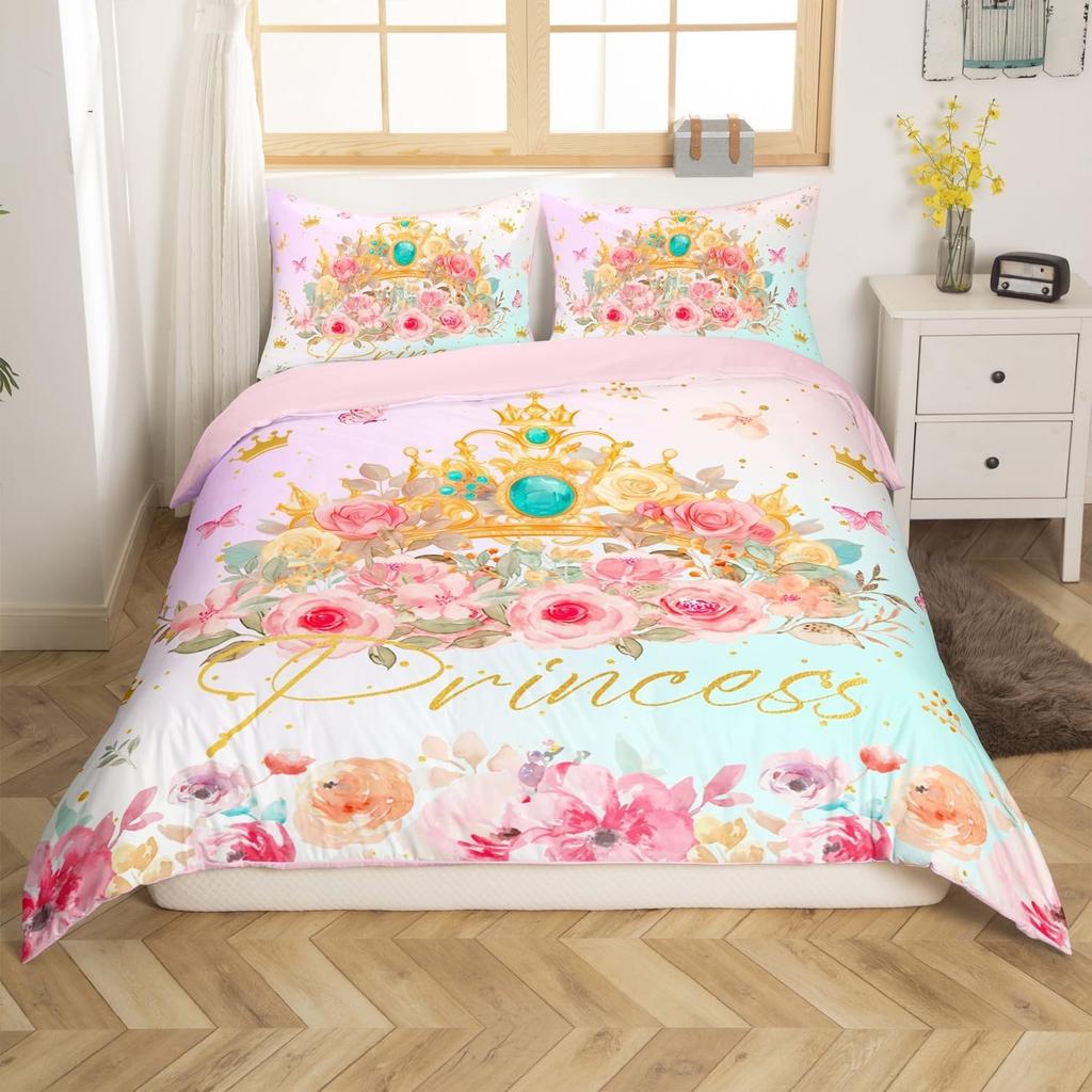 Fairy Tale Castle Bedding Set Twin QueenGirly Golden Castle Silhouette Duvet CoverBlooming Flowers Botanical Comforter Cover