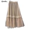 Women A-line Nail Beads Tulle Ruffle Skirt Wide Hem Mid Length Elastic Waist Casual Skirt QT2633