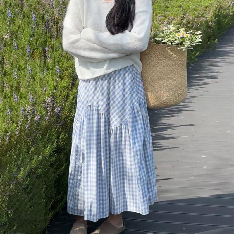 Дофаминовая синяя клетчатая юбка для женщин на весну и лето, новая миди-длины, с большим клешем, А-силуэта, облегающая, юбка-зонт