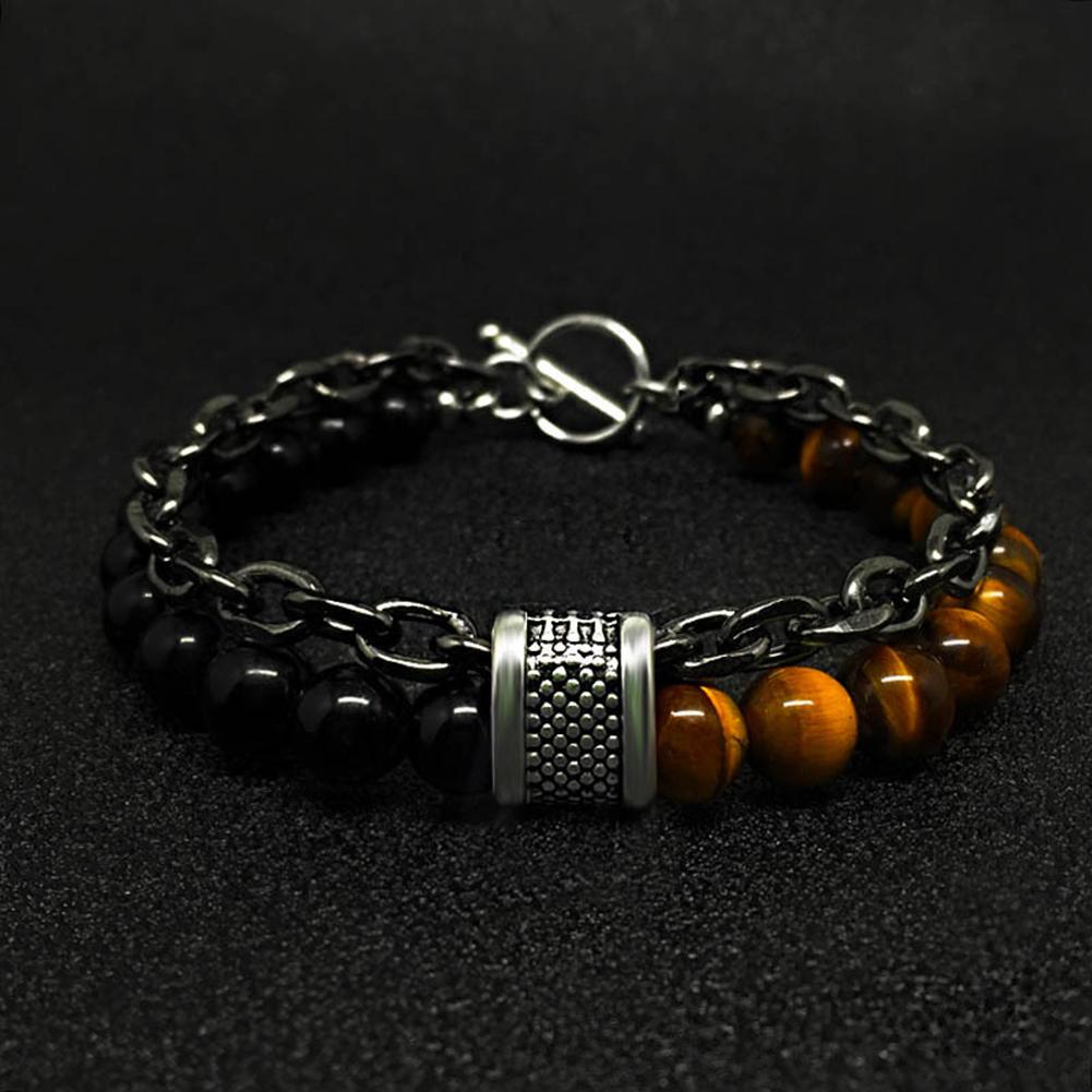 Нержавеющая сталь мужские двухслойные бусины браслет стек тигровый глаз камень браслет цепи