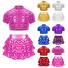 Girls Cheerleading Dance Costume Mock Neck Short Sleeve Sparkly Sequins Crop Top Tiered Ruffle Shorts