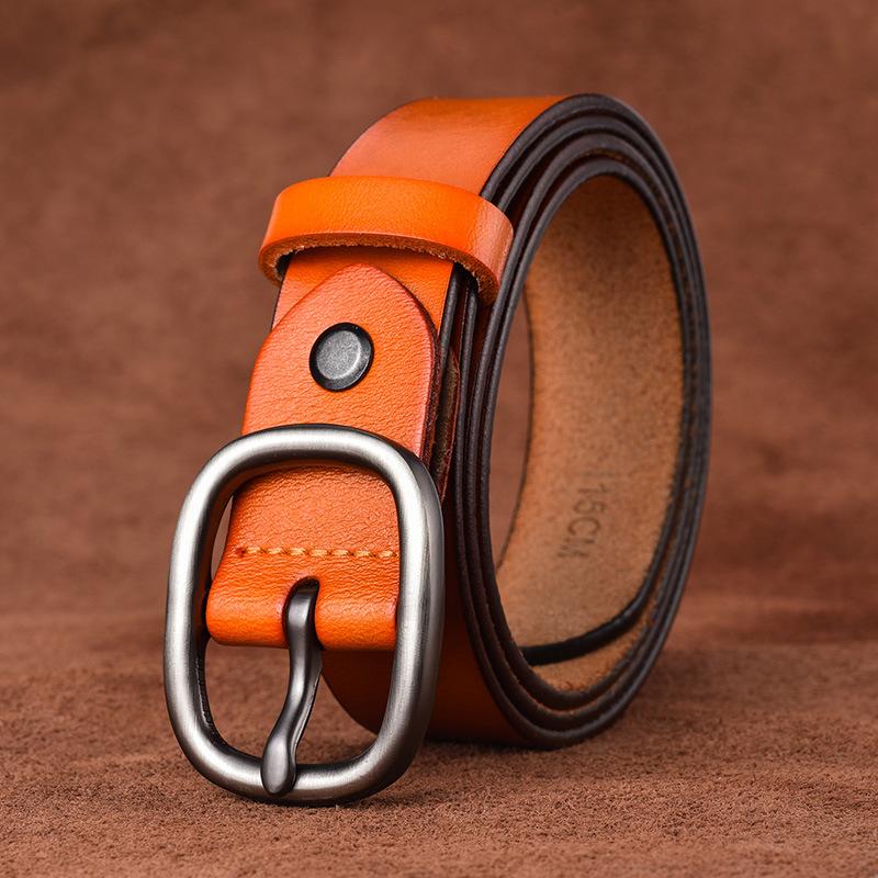 Women'S Leather Pin Buckle Belt, Two-Layer Cowhide Silver Buckle Belt, Casual Matching, Jeans Belt Trendy