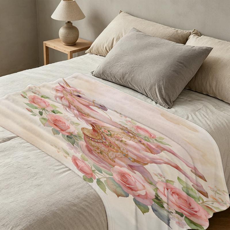 Cozy Lightweight Flannel Blanket - Dreamy Unicorn Series, Skin-Friendly, Delicate Floral Design, Warm & Versatile for Home, Car, Christmas & Halloween