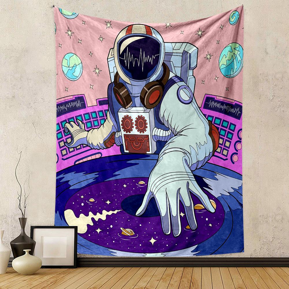 "Space DJ Astronaut Mixing Planets" Patterned tapestry home decor, suitable for bedroom and living room, gift
