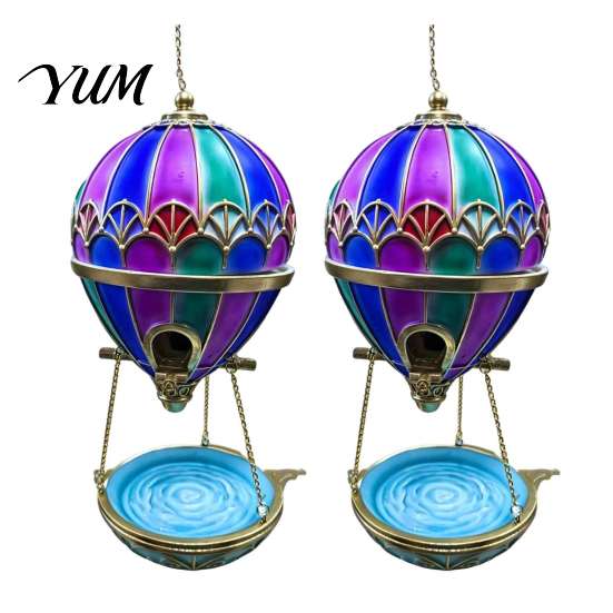 Hanging Water Bowl for Birds Stained Glass Hot Air Balloon Bird Feeder Fountain, with Fountain Easy Fill Tray, Vintage Bronze Outdoor Garden