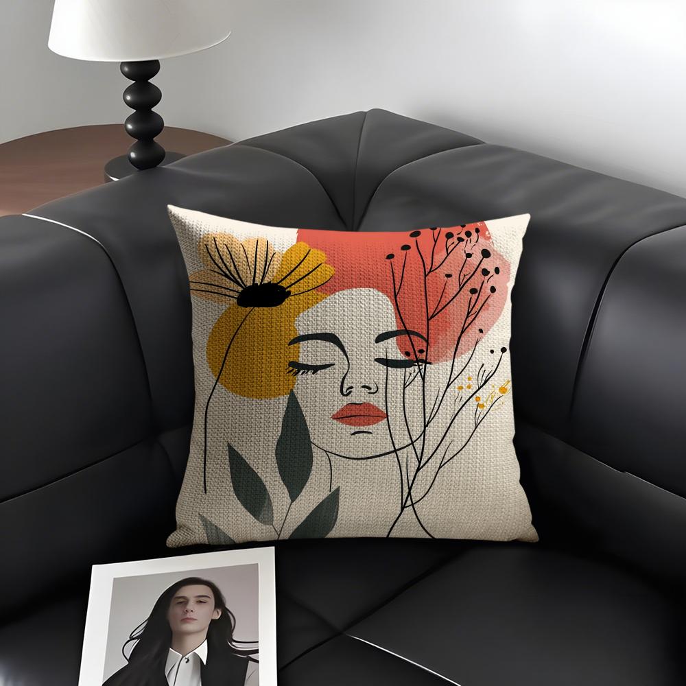 Flowers And Women Cushion Cover Natural Linen Organic Fabric DoubleSided Printing Sofa Home Decor Gift Pillow Case