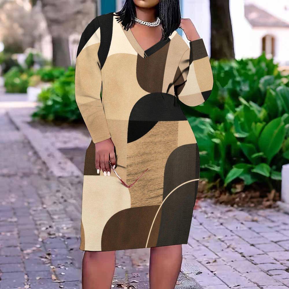 Women Plus Size V Neck Long Sleeve Printed Fitted Straight Midi Dress