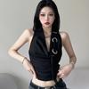 Сексуальный черный жилет с открытой спиной и халтер-воротом для женщин - летний топ с V-образным вырезом и резинкой на талии