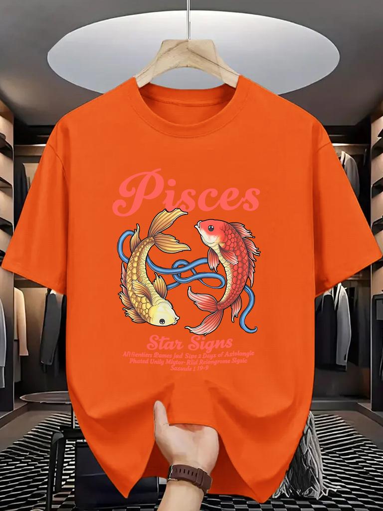 Unisex O Neck Tee Pisces Koi Fish Zodiac Print Cotton Short Sleeve Loose Summer Street Breathable Daily Casual Basic Wear Top