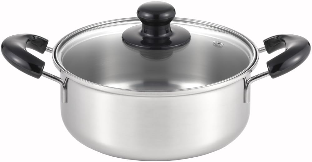 Yoshikawa Cook Look Basic Glass Stainless Made in SJ3773 Two-Handled Pot, 20cm, 2.7L, Induction/Gas Compatible, Lid, Steel, Tsubame-Sanjo, Japan,