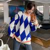 Autumn Women’s Pullovers Casual Long Sleeve Loose Sweater Fashion Diamond Pattern Round Neck Knitwear Winter Warm Streetwear