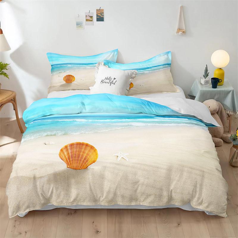 Beach Theme Duvet Cover Set Blue Ocean Bedding Set King Queen For Kids Girls Microfiber Seashell Starfish Print Comforter Cover