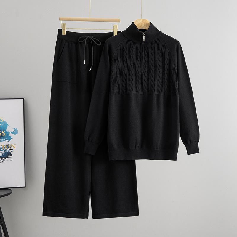 Женский модный вязаный комплект Осень/Зима: Свитер на молнии до середины и брюки широкого кроя