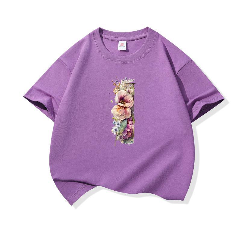 Kids Cotton T Shirt Floral Letter I Print Crew Neck Short Sleeve Tee Casual Boys Girls Summer Tops