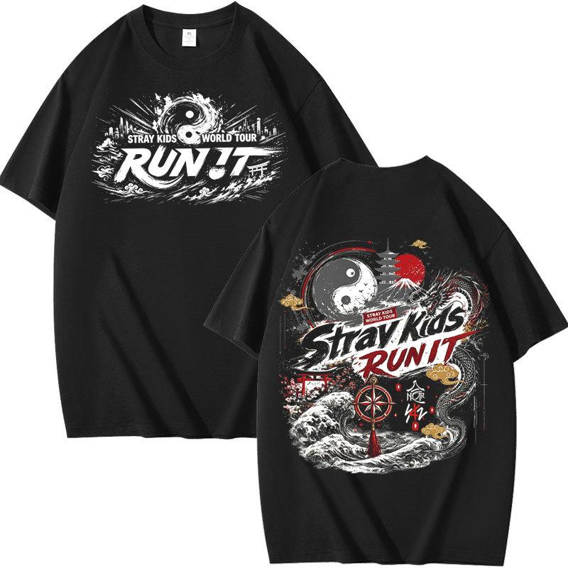 Футболка Stray Kids Run It World Tour, Двусторонняя, Дракон Инь-Ян, Восточный Винтажный Принт, Kpop Фан, Короткий Рукав