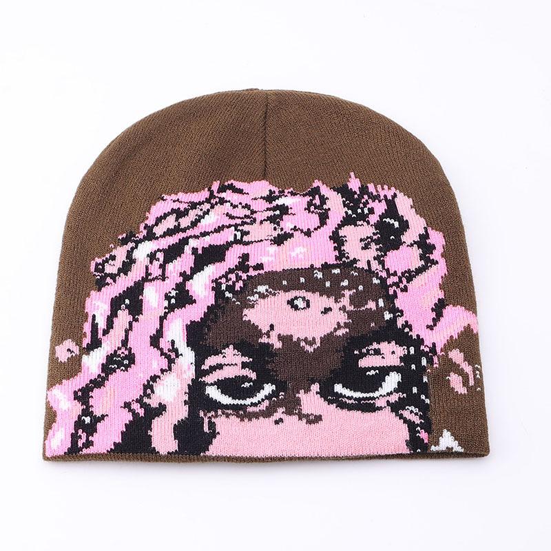 New European and American style knitted hat women's pink curly hair pattern warm wool hat autumn and winter trend versatile cold hat