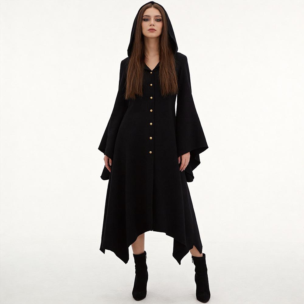 Gothic Vampire Dress for Women Halloween Cosplay Costume Vintage Hooded Renaissance Long Dress