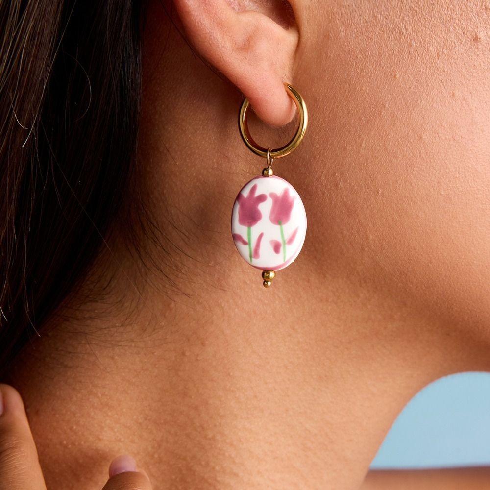 Stainless Steel Ceramic Ear Buckle Dripping Oil Gold Hoop Earrings Party