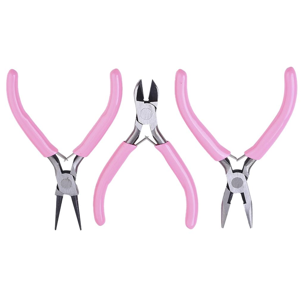3Pcs Pliers Set Pink Handle Carbon Steel Round Nose Pliers Shear Pliers Side Cutting Pliers DIY Jewelry Making Tools