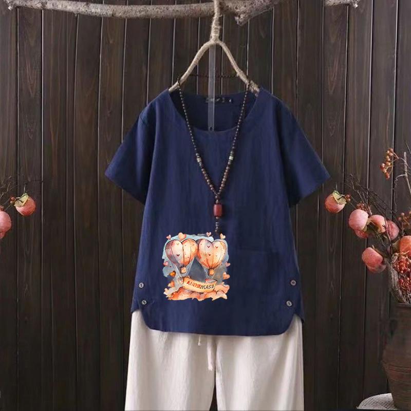 Футболка женская из хлопка и конопли с V-образным вырезом и принтом Nordic Balloon Series 2025 года — повседневная и шикарная