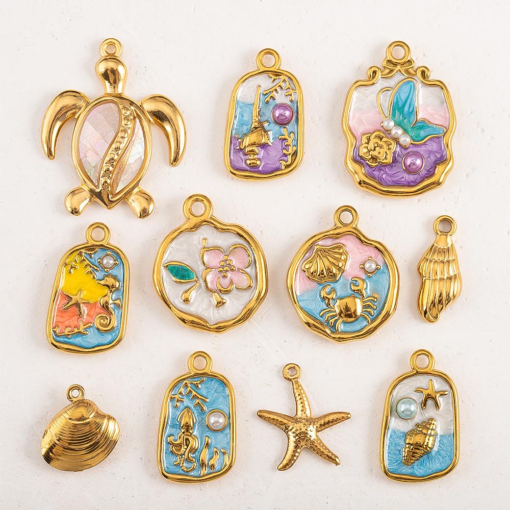 2pcs Stainless Steel Retro Ocean Turtle Octopus Crab Shell Star Pendant Necklace Earring Flower Charm Jewelry Making Craft Gift