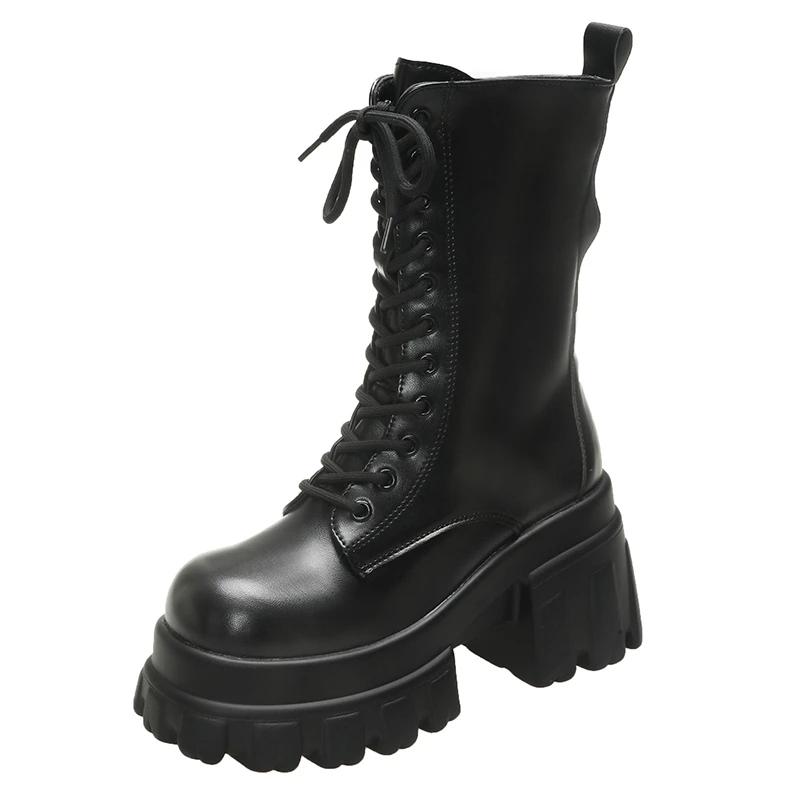 Модные женские ботинки на толстой платформе высотой 9 см, новые осенне-зимние мотоциклетные ботинки для женщин 2024 года, толстые нескользящие кожаные армейские ботинки с толстой подошвой