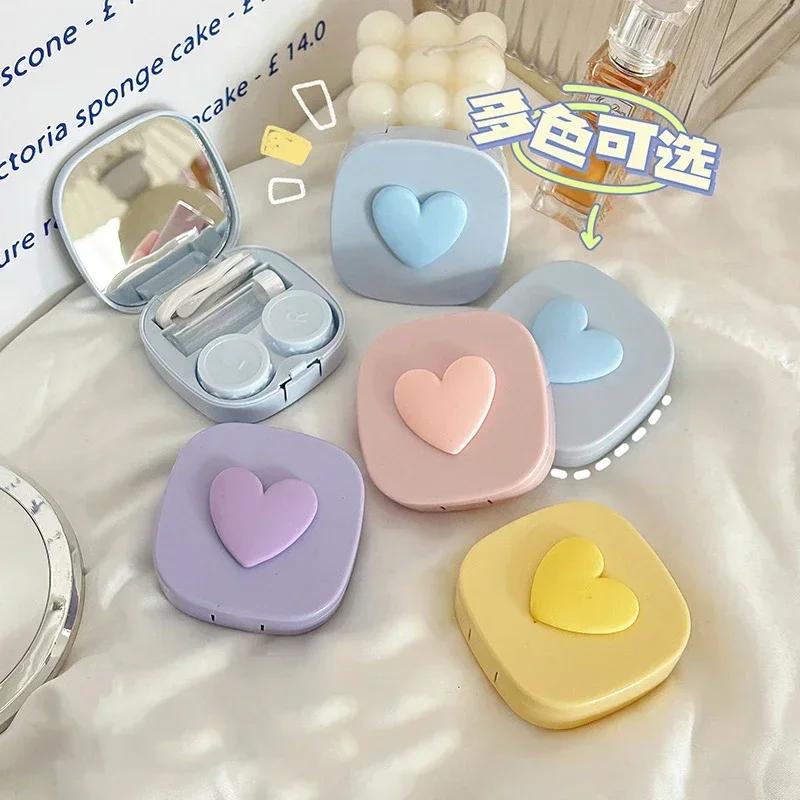Women Colored Heart Contact Lens Case with Mirror Pink Eyes Care Contact Lens Container Travel Eyewear Accessories Organizer