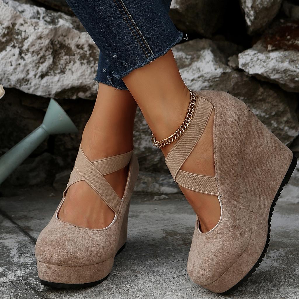 Модная женская обувь Флок Пряжка Бант Ремешок на щиколотке Высокий каблук Сексуальная платформа Клинья Женские туфли-лодочки Красная свадебная обувь Zapatillas De Deporte